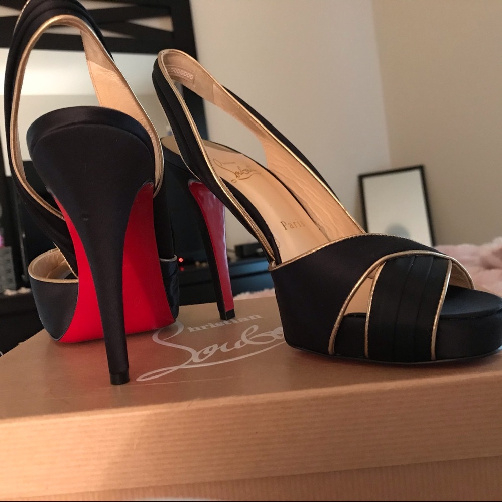 Christian Louboutin black/gold satin sling backs